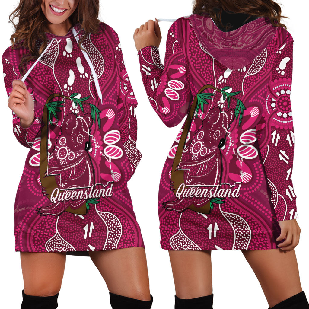 Australia Queensland Day Hoodie Dress Koala With Map Aboriginal Art