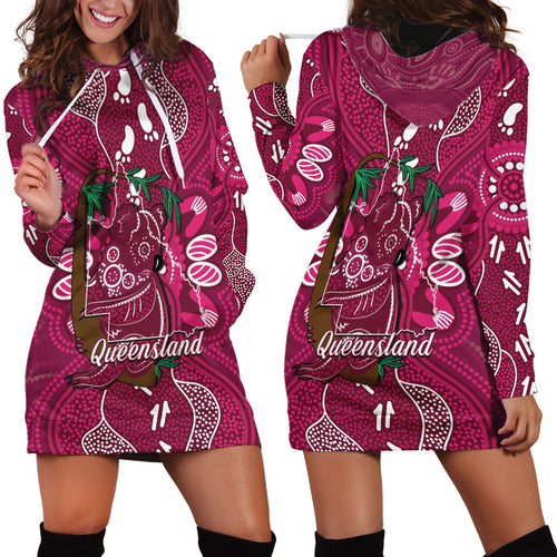 Australia Queensland Day Hoodie Dress Koala With Map Aboriginal Art