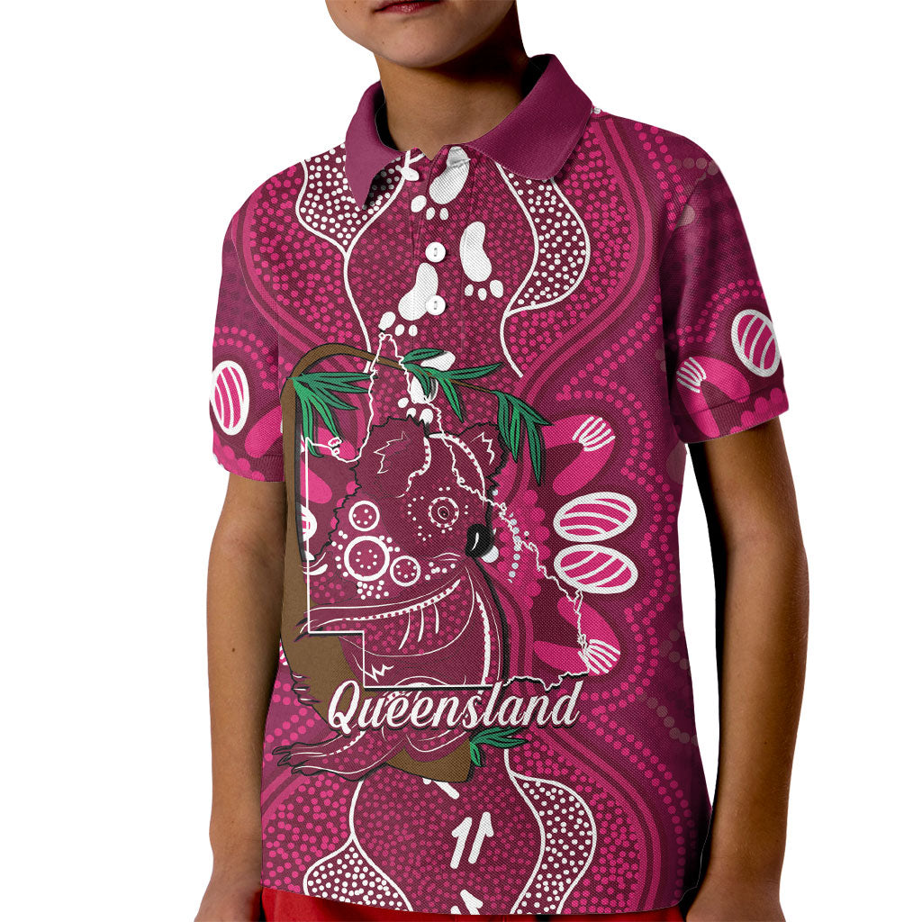 Australia Queensland Day Kid Polo Shirt Koala With Map Aboriginal Art