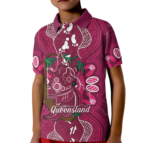 Australia Queensland Day Kid Polo Shirt Koala With Map Aboriginal Art