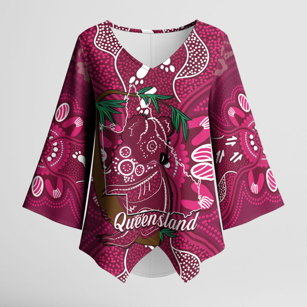 Australia Queensland Day Kimono Sleeve Blouse Koala With Map Aboriginal Art