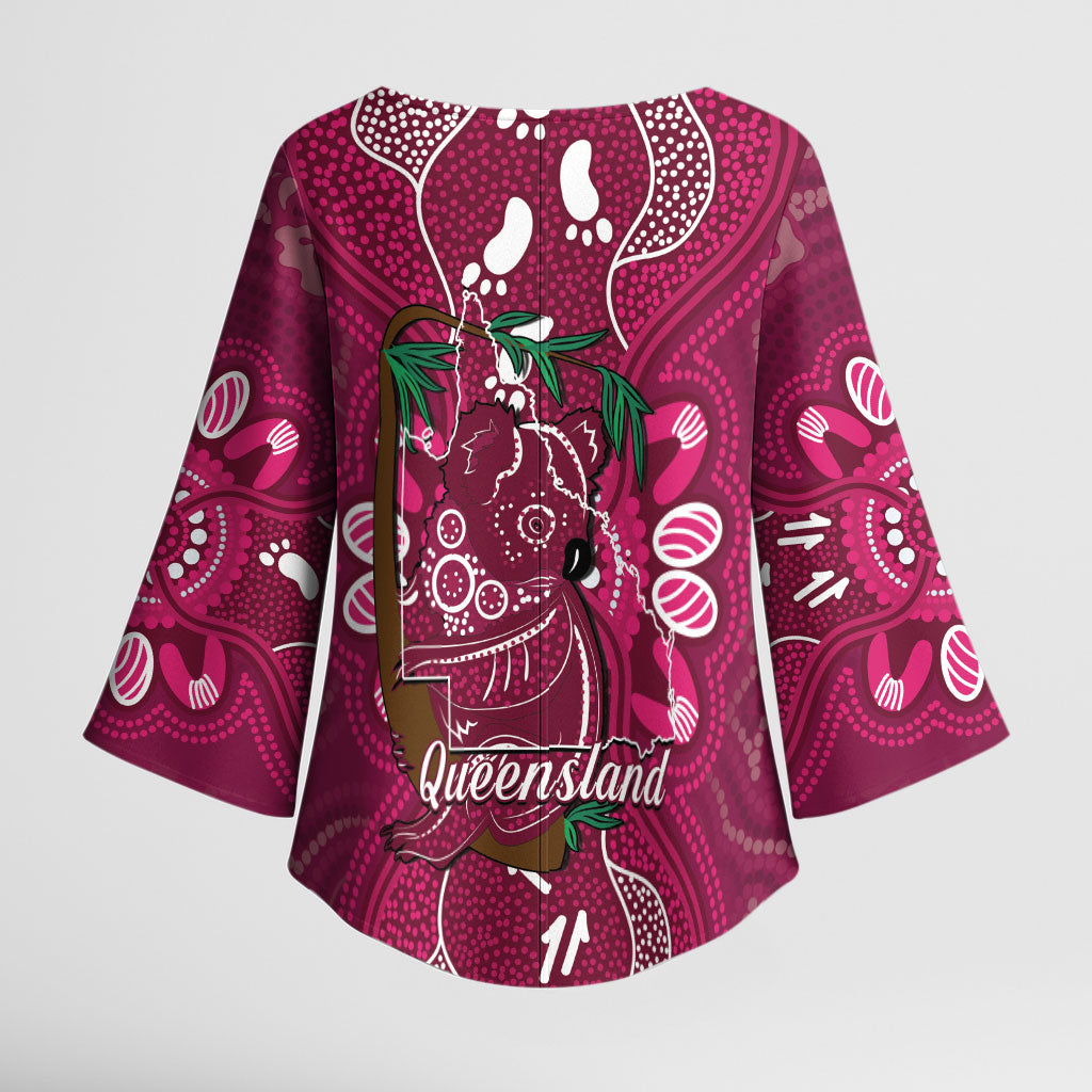 Australia Queensland Day Kimono Sleeve Blouse Koala With Map Aboriginal Art