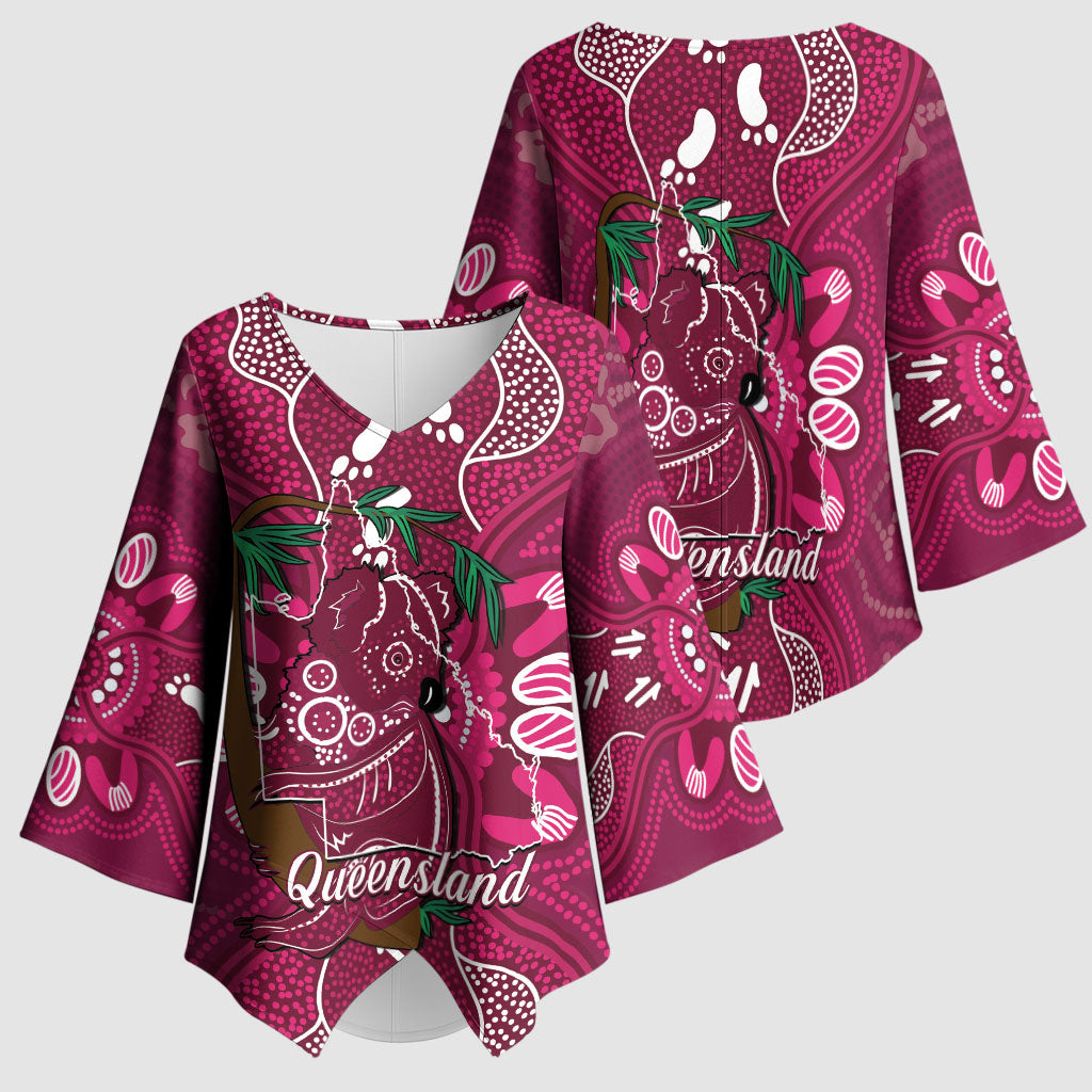 Australia Queensland Day Kimono Sleeve Blouse Koala With Map Aboriginal Art