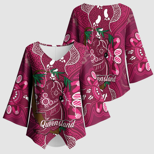 Australia Queensland Day Kimono Sleeve Blouse Koala With Map Aboriginal Art