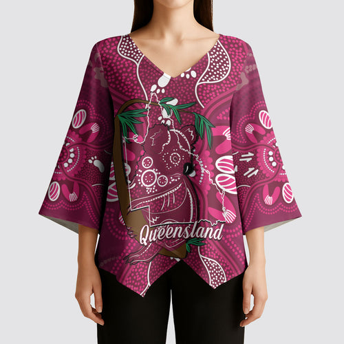 Australia Queensland Day Kimono Sleeve Blouse Koala With Map Aboriginal Art