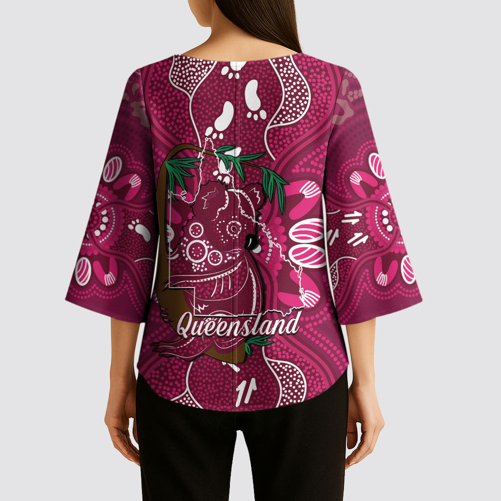 Australia Queensland Day Kimono Sleeve Blouse Koala With Map Aboriginal Art