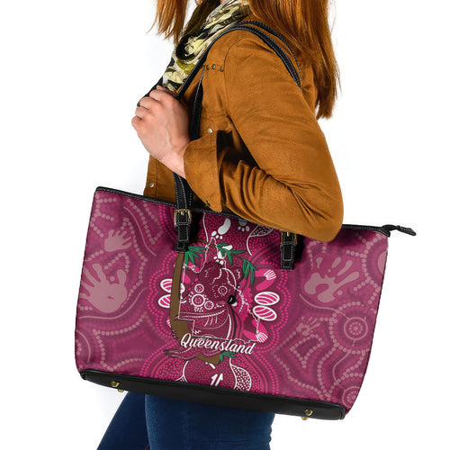 Australia Queensland Day Leather Tote Bag Koala With Map Aboriginal Art