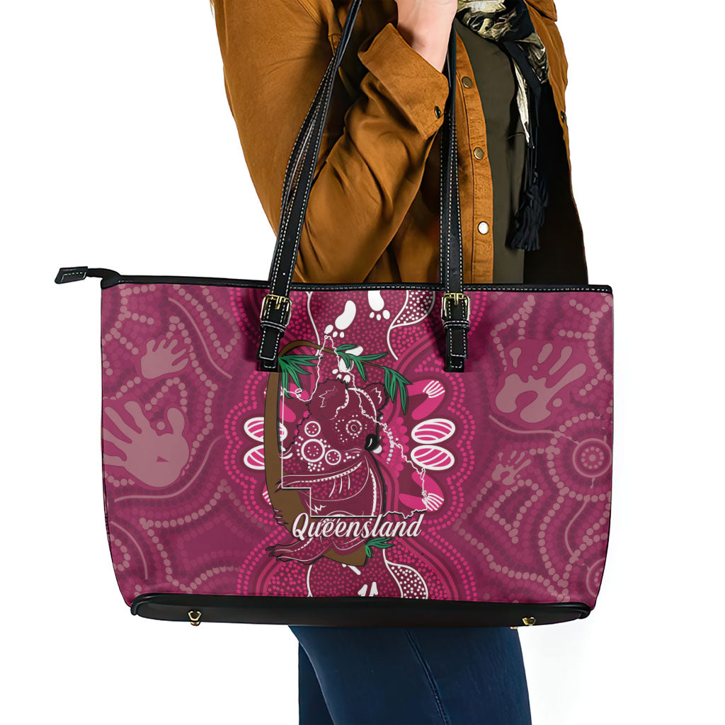 Australia Queensland Day Leather Tote Bag Koala With Map Aboriginal Art