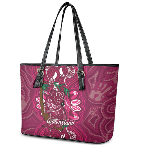 Australia Queensland Day Leather Tote Bag Koala With Map Aboriginal Art