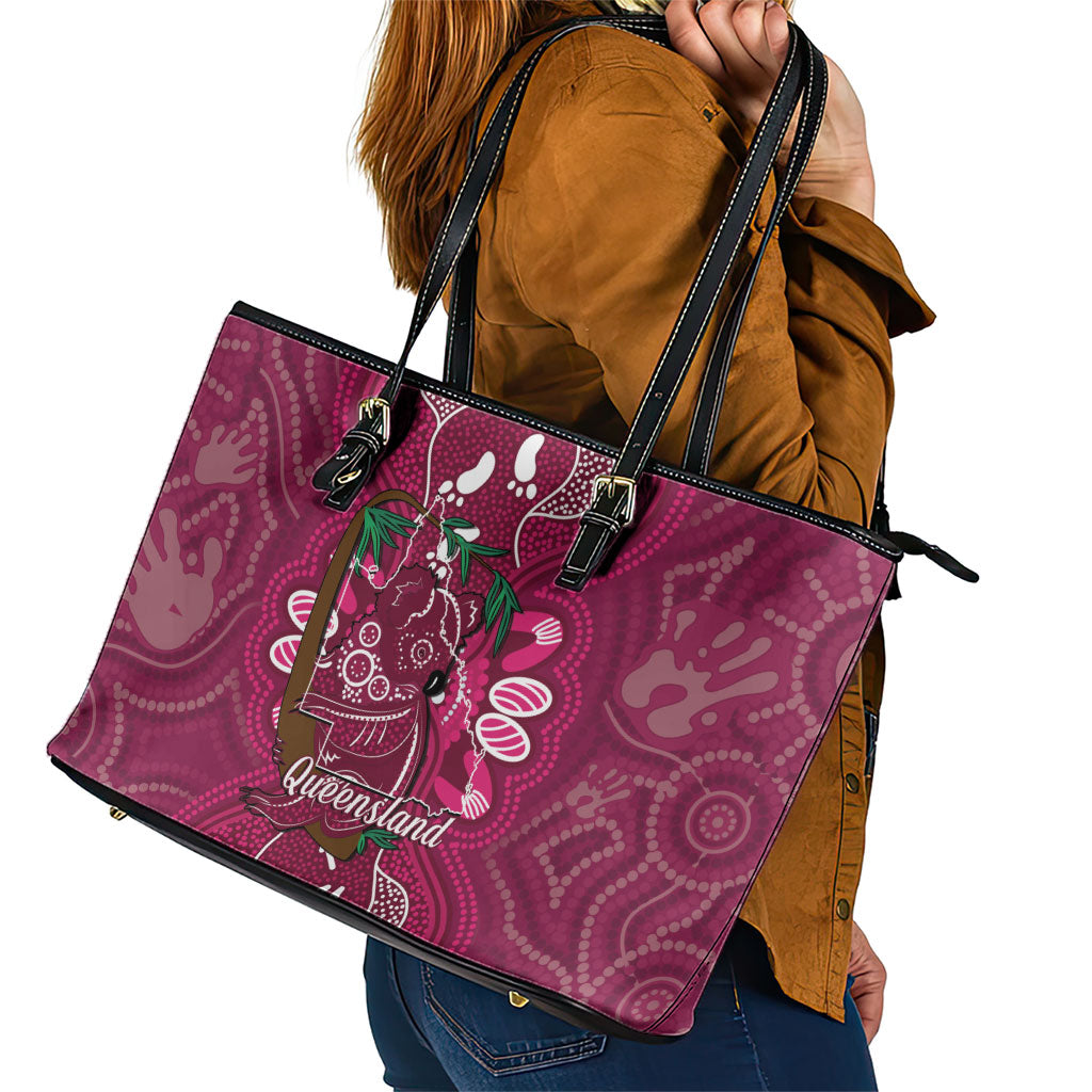 Australia Queensland Day Leather Tote Bag Koala With Map Aboriginal Art