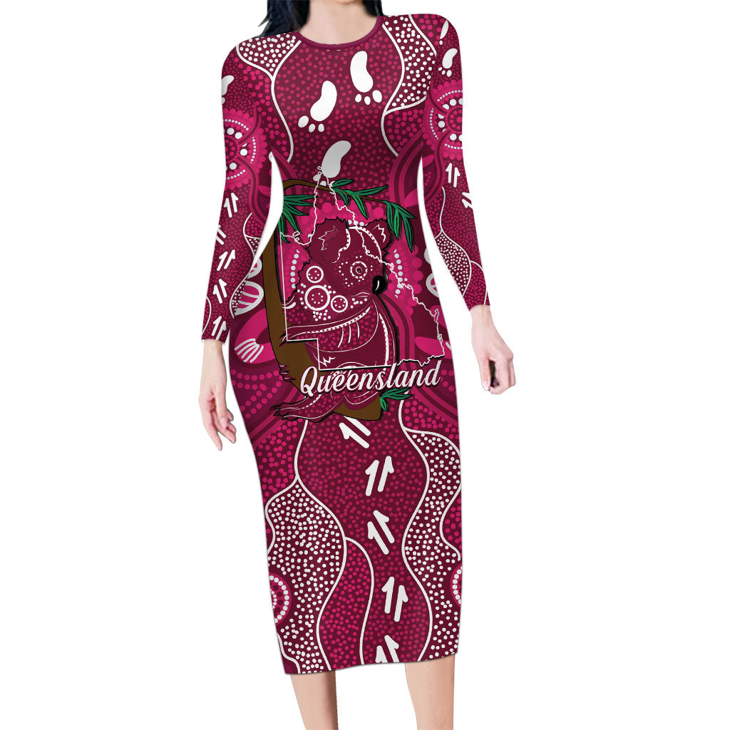 Australia Queensland Day Long Sleeve Bodycon Dress Koala With Map Aboriginal Art
