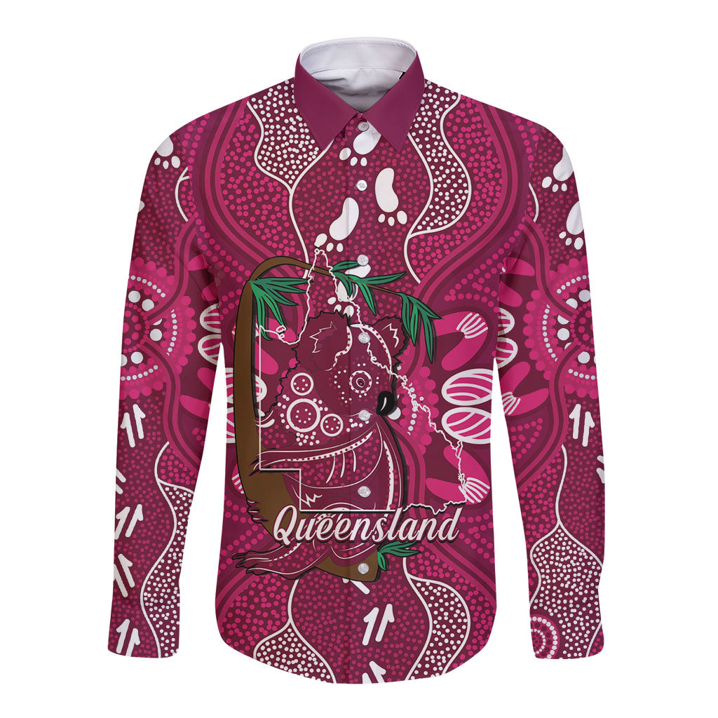 Australia Queensland Day Long Sleeve Button Shirt Koala With Map Aboriginal Art