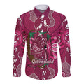 Australia Queensland Day Long Sleeve Button Shirt Koala With Map Aboriginal Art