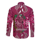Australia Queensland Day Long Sleeve Button Shirt Koala With Map Aboriginal Art