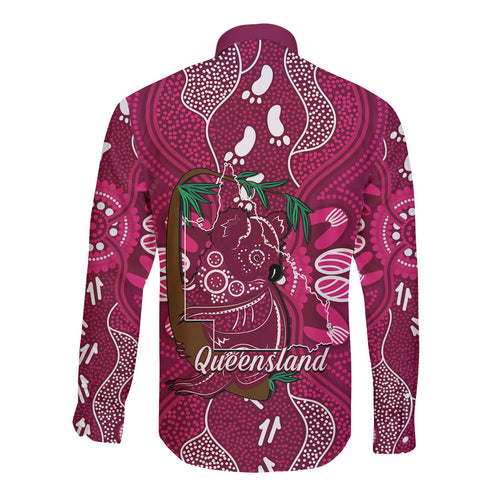 Australia Queensland Day Long Sleeve Button Shirt Koala With Map Aboriginal Art