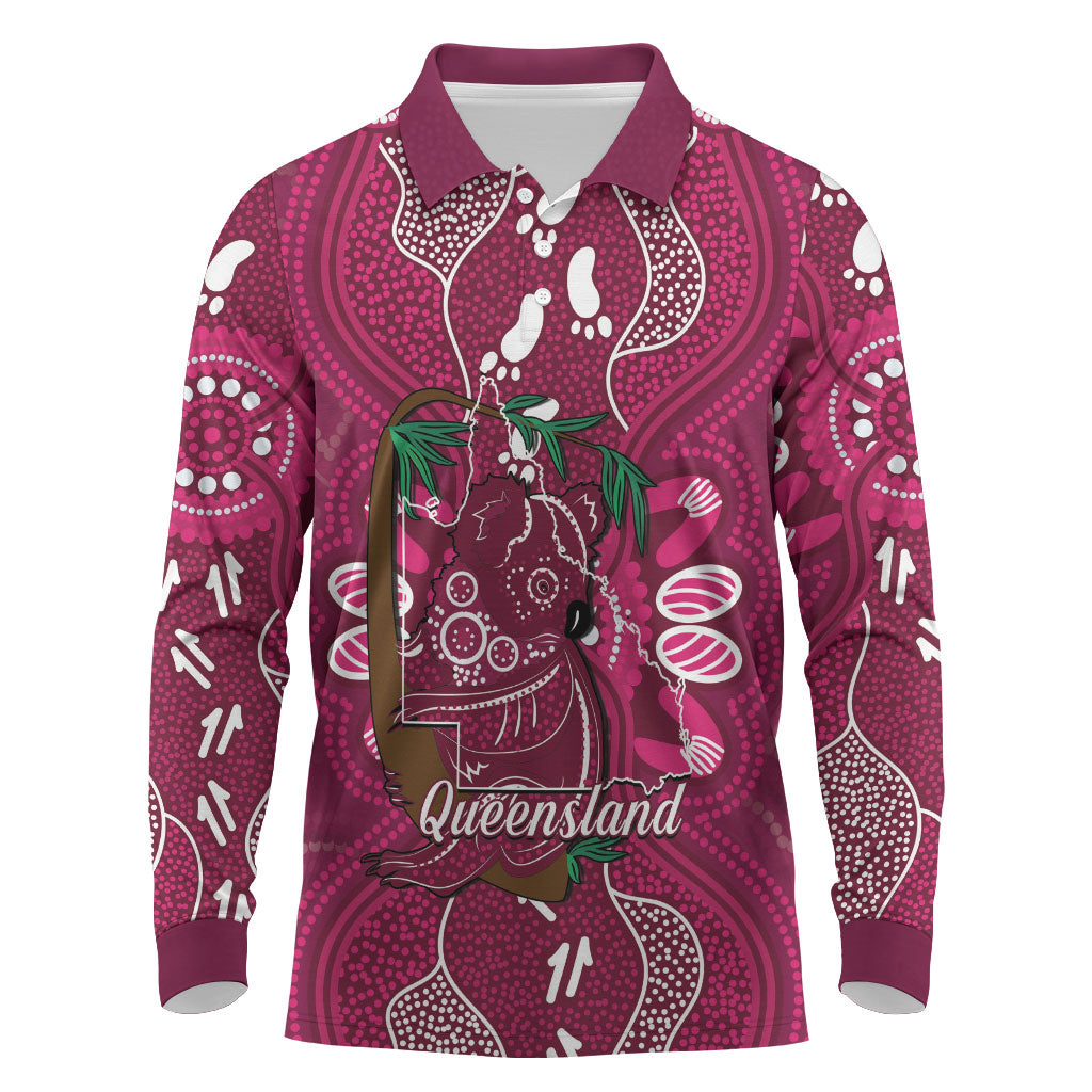 Australia Queensland Day Long Sleeve Polo Shirt Koala With Map Aboriginal Art