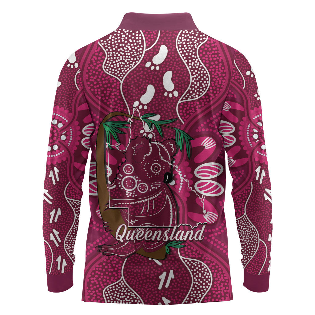 Australia Queensland Day Long Sleeve Polo Shirt Koala With Map Aboriginal Art
