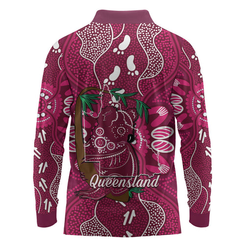 Australia Queensland Day Long Sleeve Polo Shirt Koala With Map Aboriginal Art