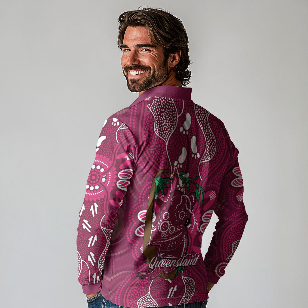 Australia Queensland Day Long Sleeve Polo Shirt Koala With Map Aboriginal Art