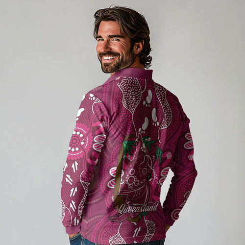 Australia Queensland Day Long Sleeve Polo Shirt Koala With Map Aboriginal Art