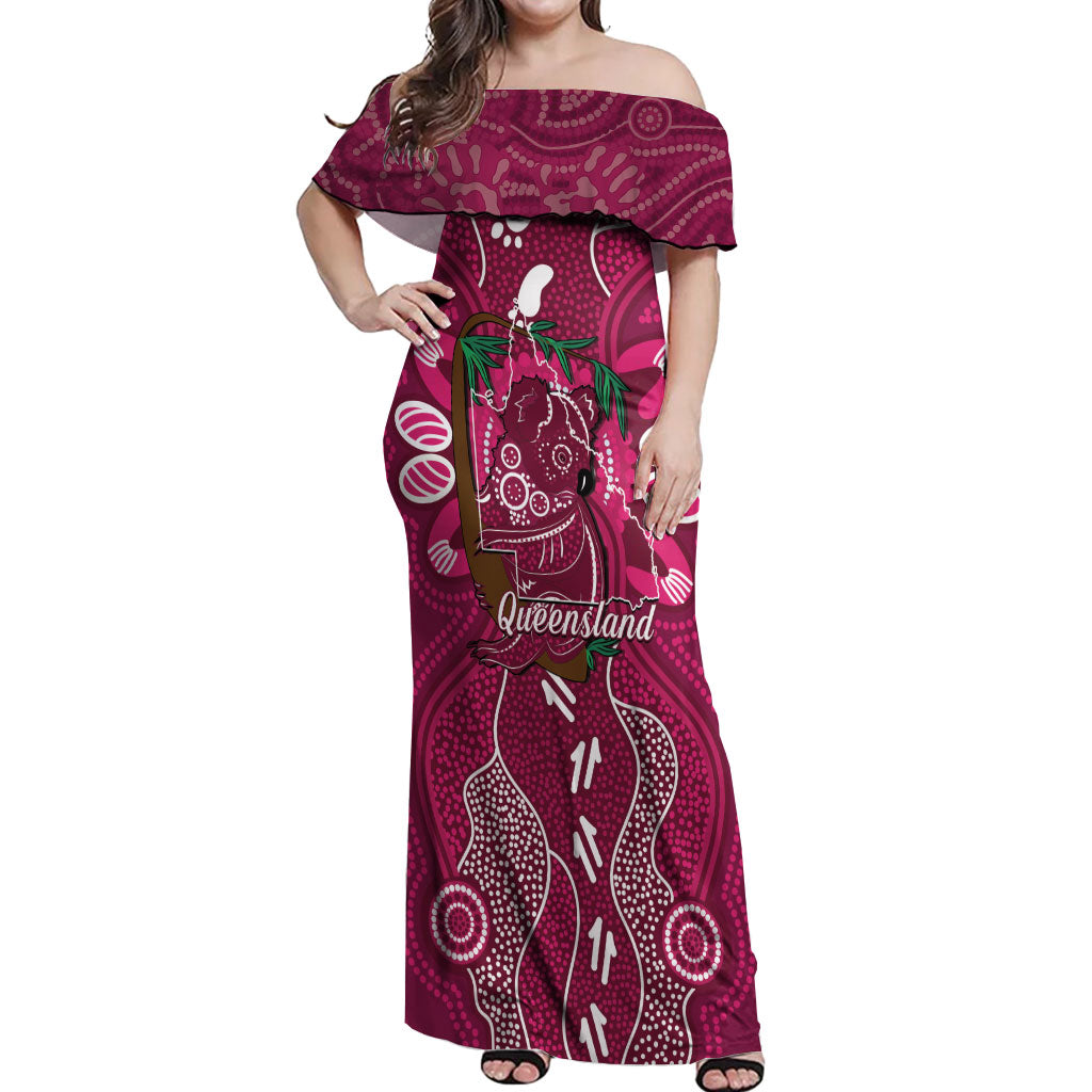Australia Queensland Day Off Shoulder Maxi Dress Koala With Map Aboriginal Art
