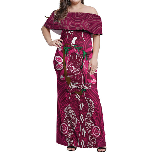 Australia Queensland Day Off Shoulder Maxi Dress Koala With Map Aboriginal Art