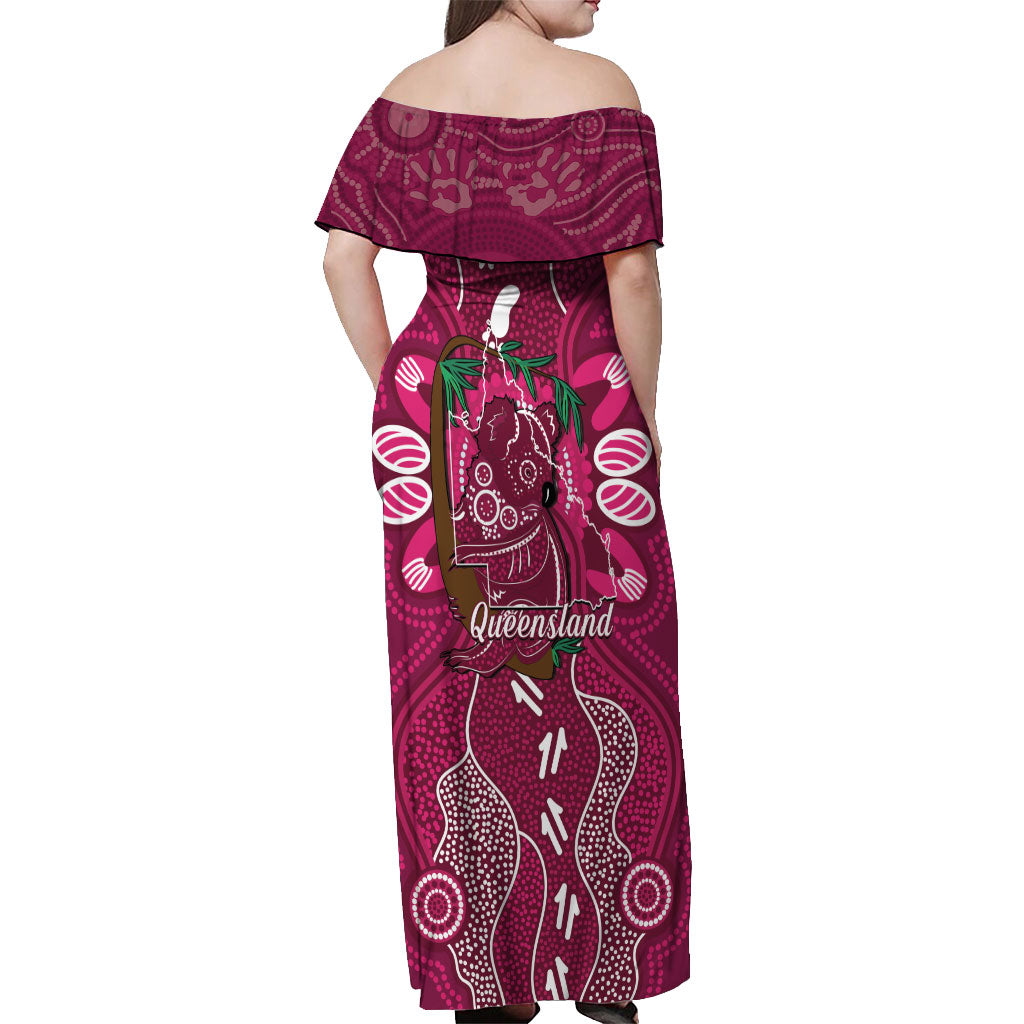 Australia Queensland Day Off Shoulder Maxi Dress Koala With Map Aboriginal Art