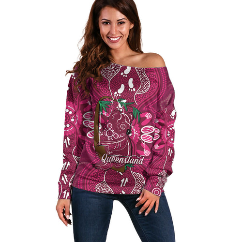 Australia Queensland Day Off Shoulder Sweater Koala With Map Aboriginal Art