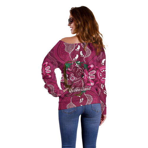 Australia Queensland Day Off Shoulder Sweater Koala With Map Aboriginal Art