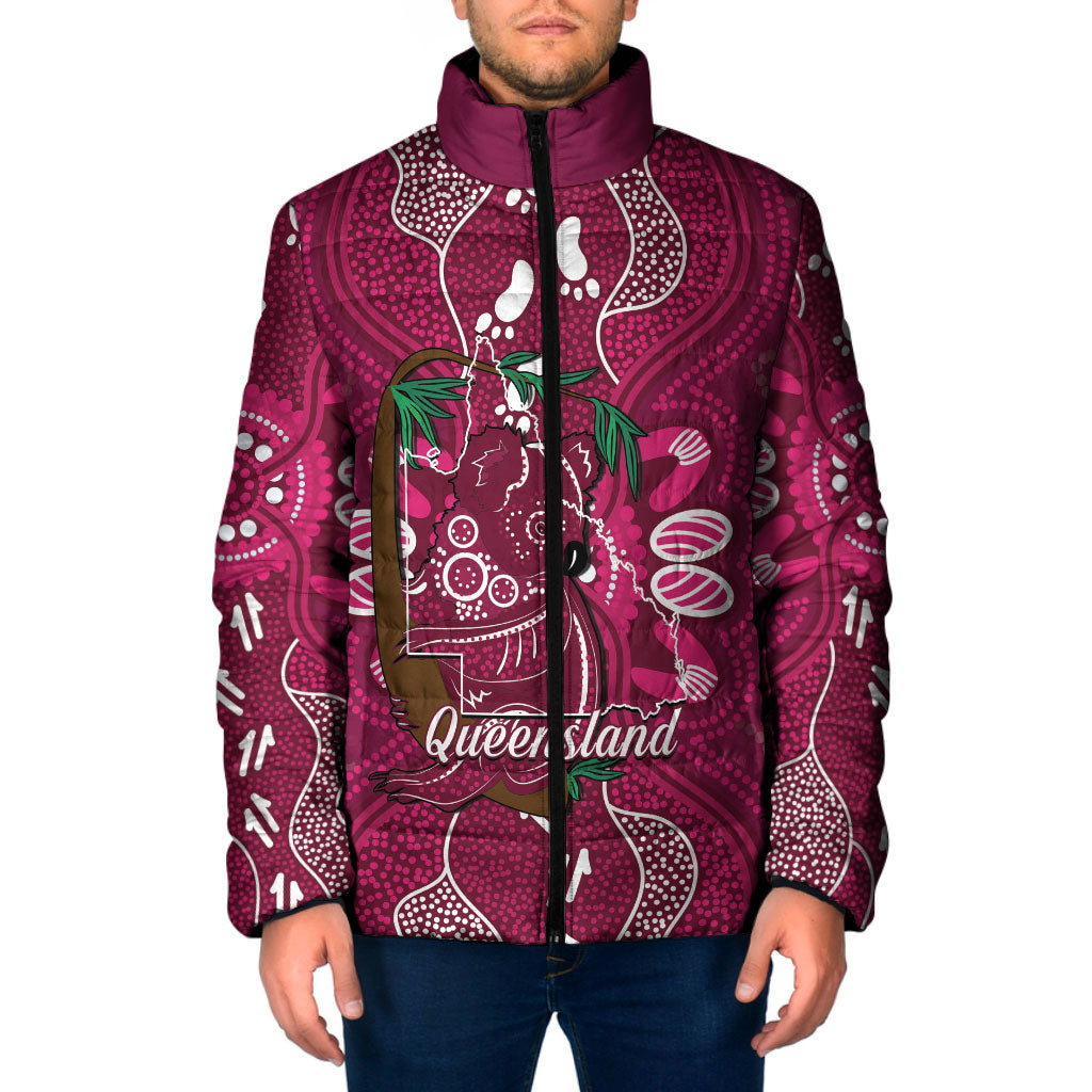 Australia Queensland Day Padded Jacket Koala With Map Aboriginal Art
