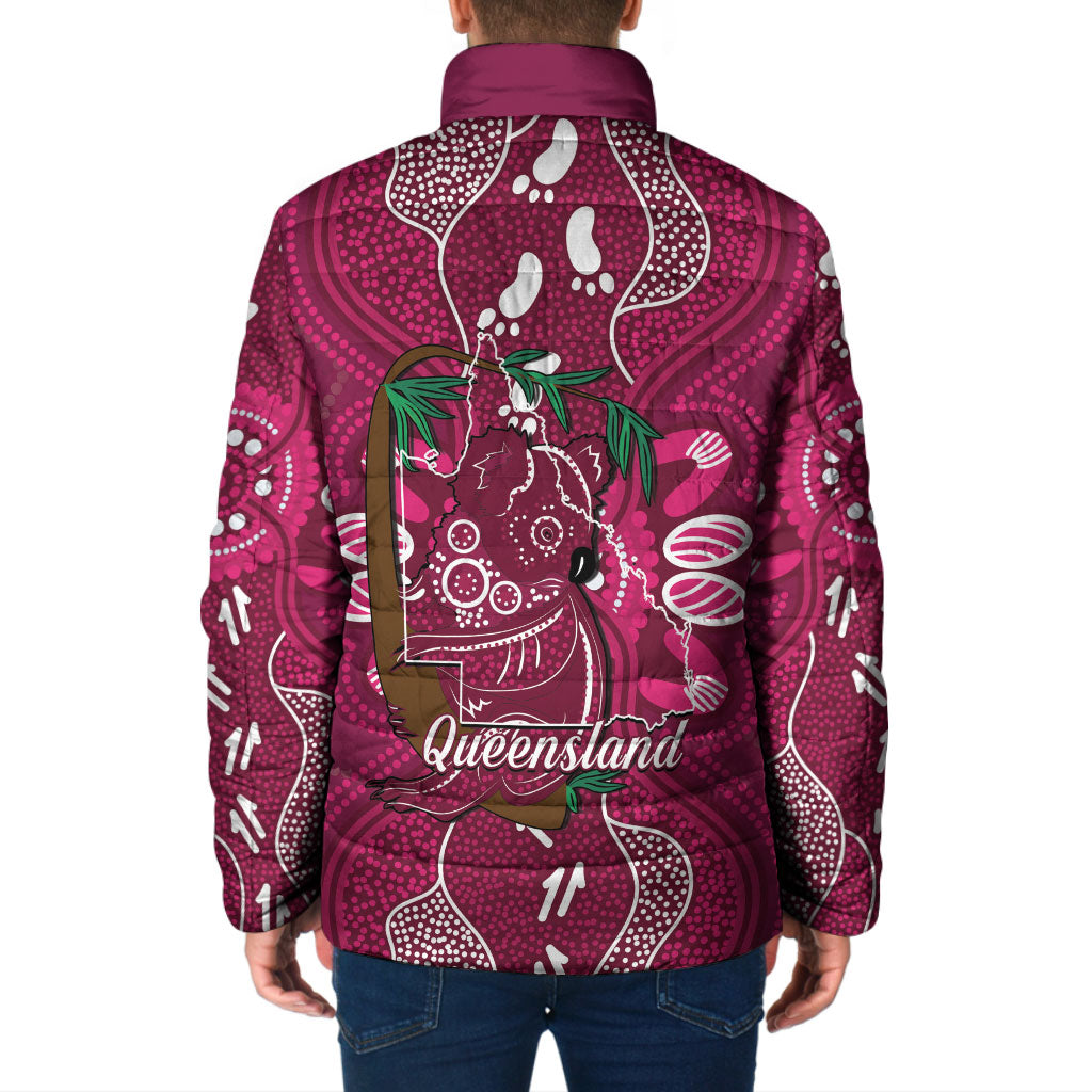 Australia Queensland Day Padded Jacket Koala With Map Aboriginal Art