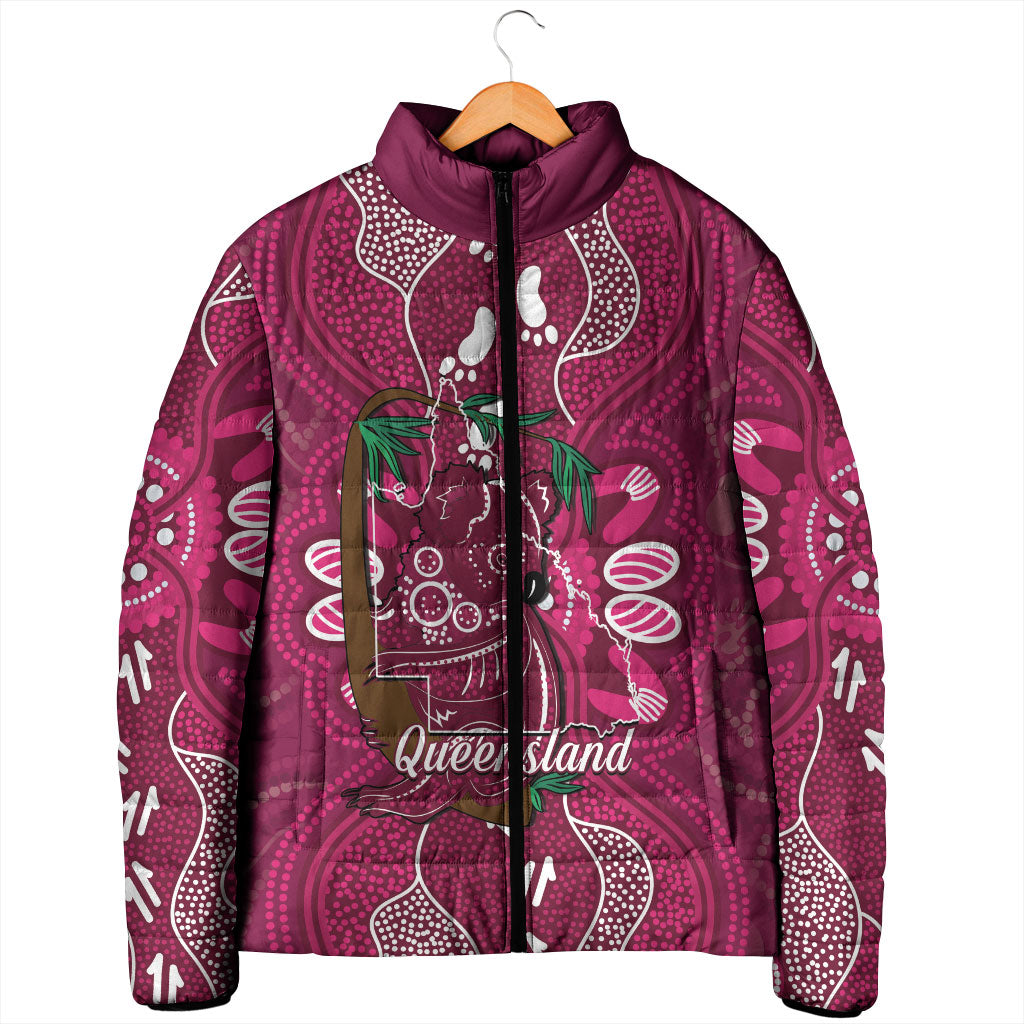 Australia Queensland Day Padded Jacket Koala With Map Aboriginal Art