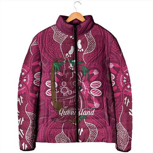 Australia Queensland Day Padded Jacket Koala With Map Aboriginal Art