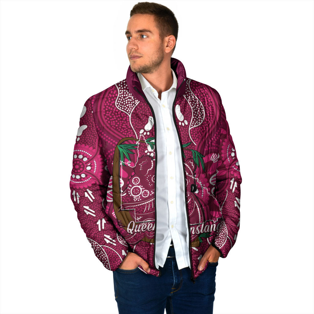 Australia Queensland Day Padded Jacket Koala With Map Aboriginal Art