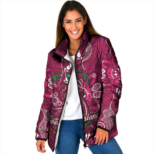 Australia Queensland Day Padded Jacket Koala With Map Aboriginal Art