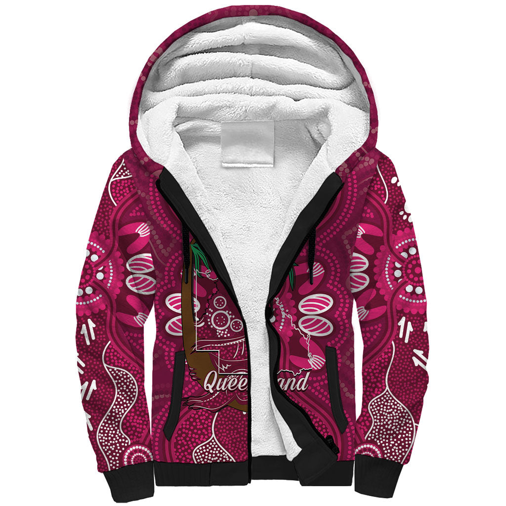 Australia Queensland Day Sherpa Hoodie Koala With Map Aboriginal Art