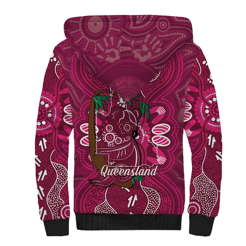 Australia Queensland Day Sherpa Hoodie Koala With Map Aboriginal Art