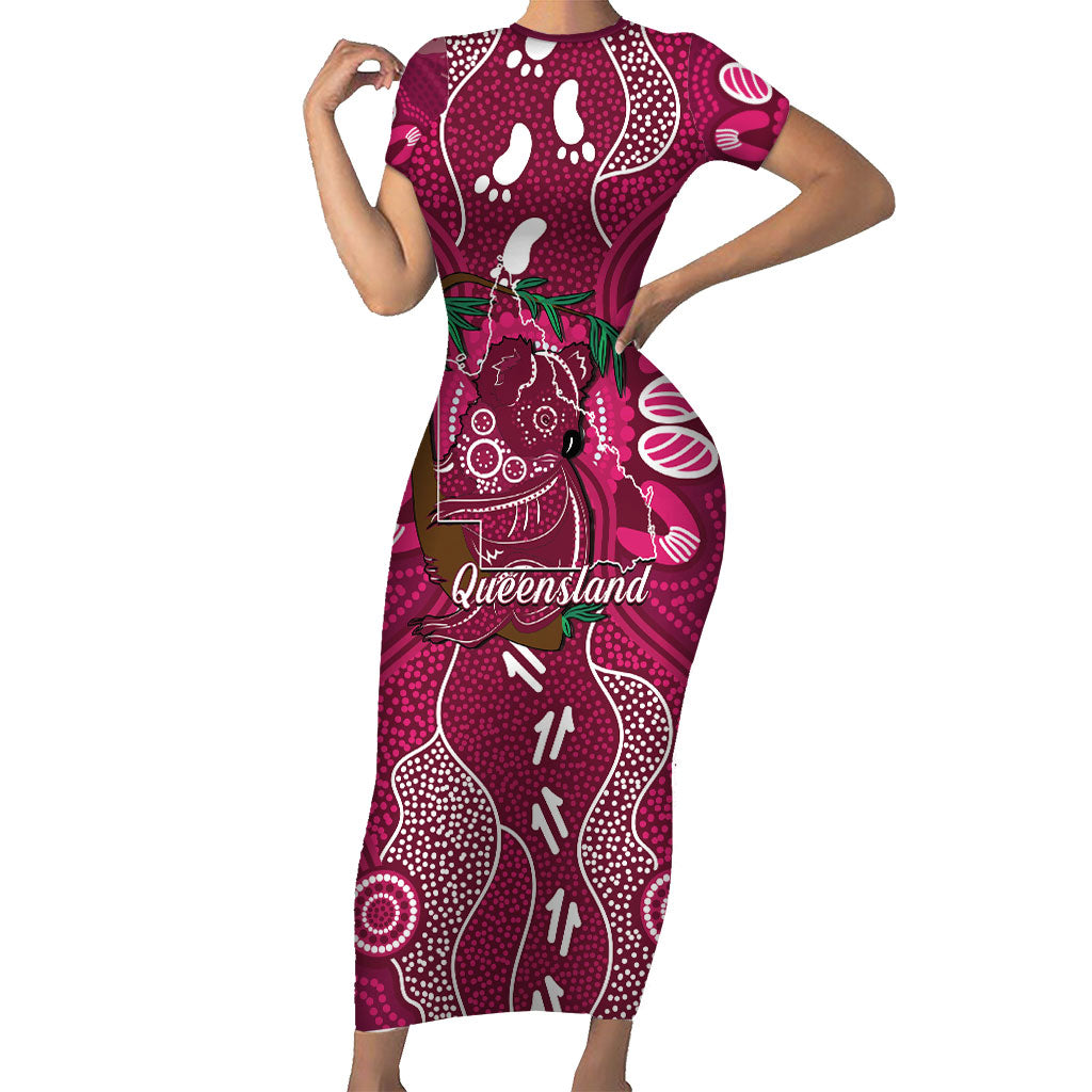 Australia Queensland Day Short Sleeve Bodycon Dress Koala With Map Aboriginal Art