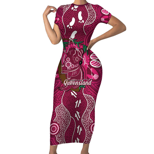 Australia Queensland Day Short Sleeve Bodycon Dress Koala With Map Aboriginal Art
