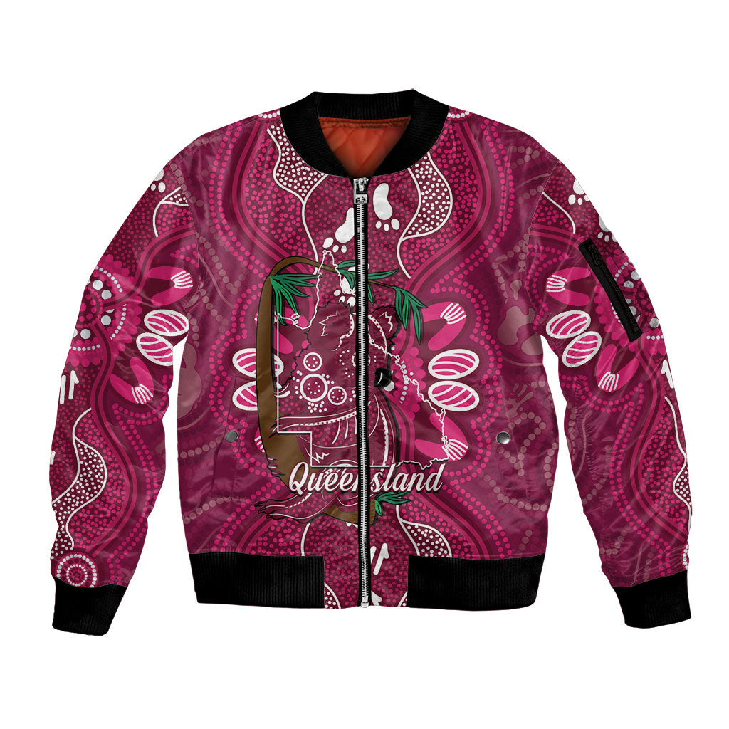 Australia Queensland Day Sleeve Zip Bomber Jacket Koala With Map Aboriginal Art