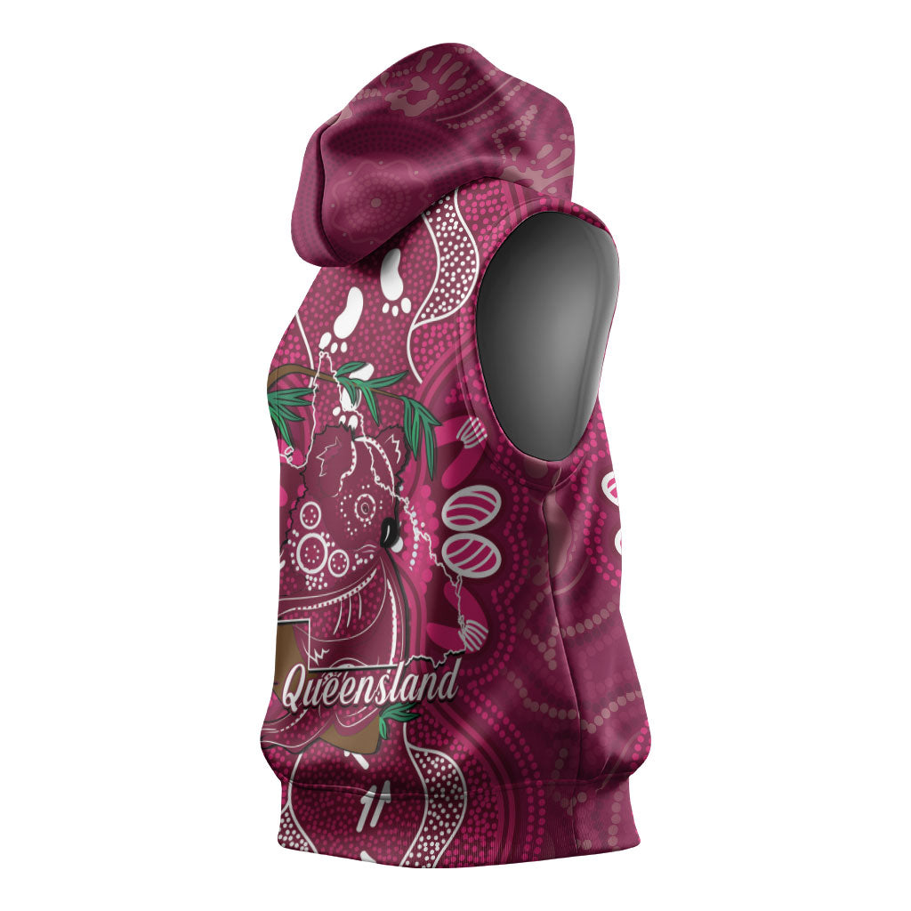 Australia Queensland Day Sleeveless Hoodie Koala With Map Aboriginal Art
