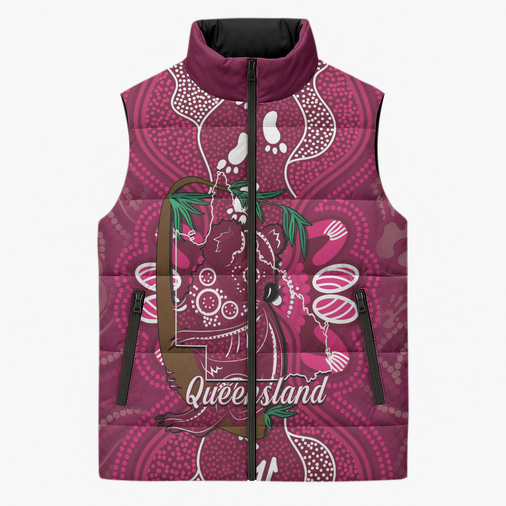 Australia Queensland Day Sleeveless Puffer Jacket Koala With Map Aboriginal Art