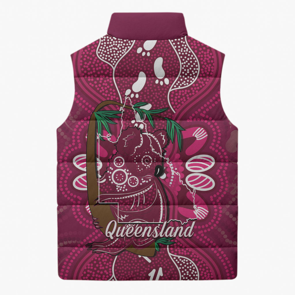 Australia Queensland Day Sleeveless Puffer Jacket Koala With Map Aboriginal Art