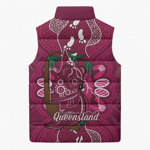 Australia Queensland Day Sleeveless Puffer Jacket Koala With Map Aboriginal Art
