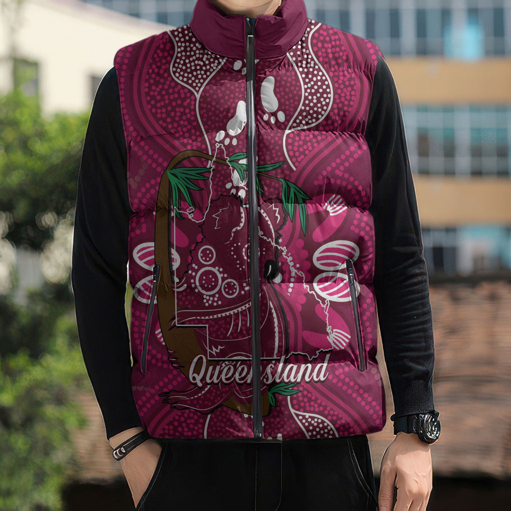 Australia Queensland Day Sleeveless Puffer Jacket Koala With Map Aboriginal Art