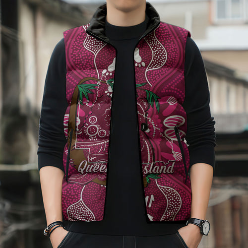 Australia Queensland Day Sleeveless Puffer Jacket Koala With Map Aboriginal Art