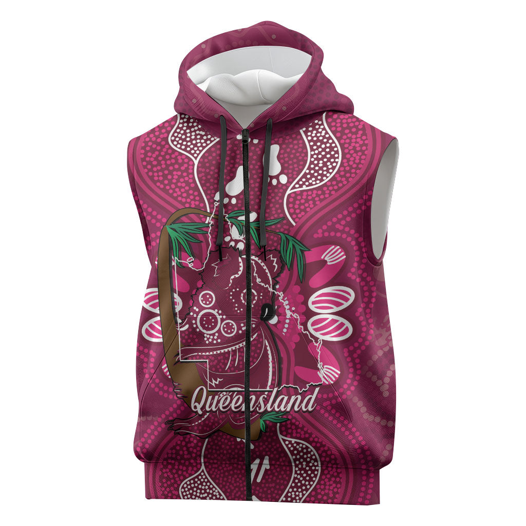 Australia Queensland Day Sleeveless Zip Hoodie Koala With Map Aboriginal Art