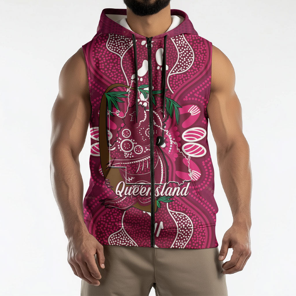Australia Queensland Day Sleeveless Zip Hoodie Koala With Map Aboriginal Art