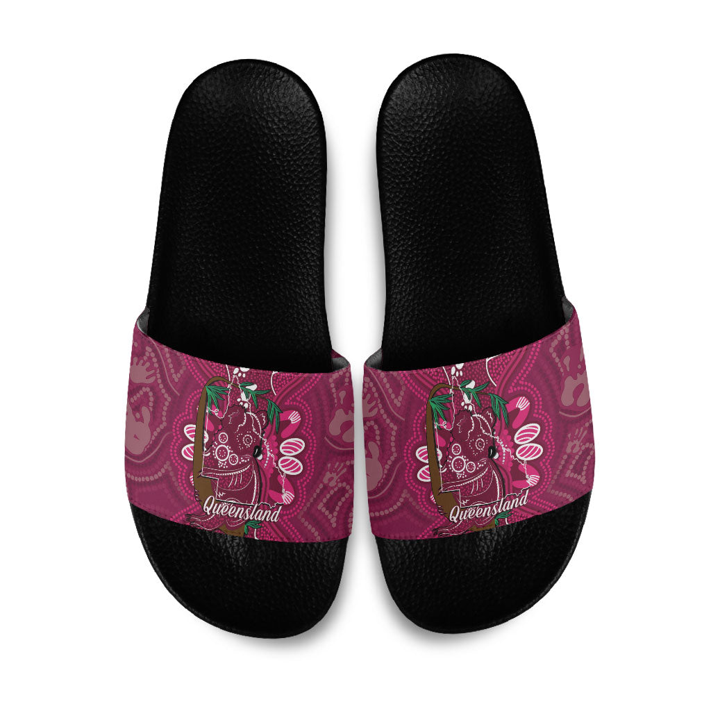 Australia Queensland Day Slide Sandals Koala With Map Aboriginal Art