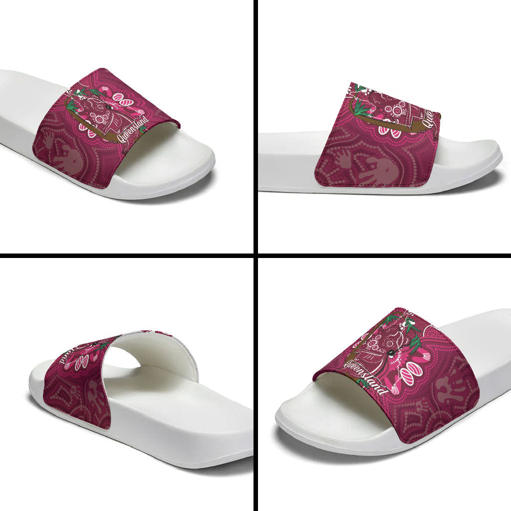 Australia Queensland Day Slide Sandals Koala With Map Aboriginal Art